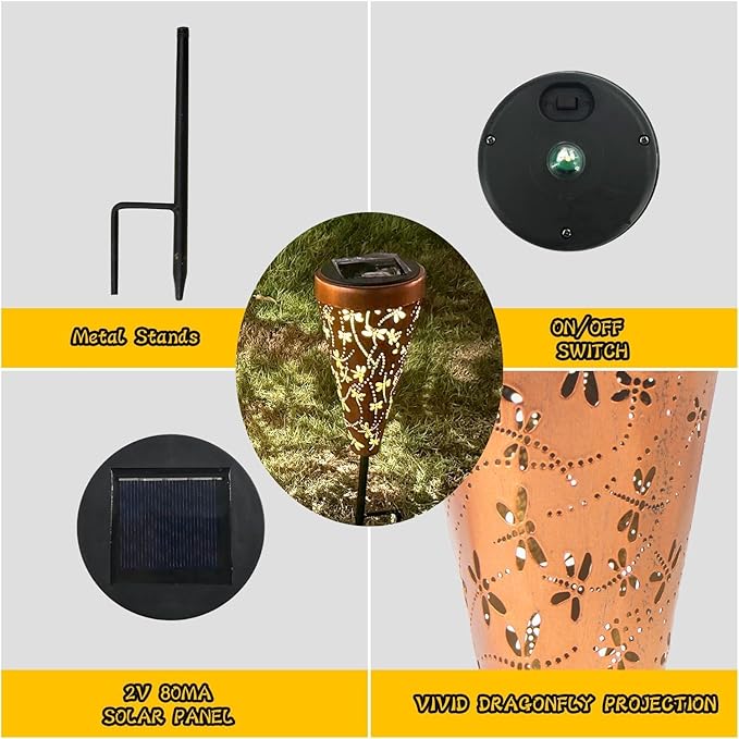 2 Pack DIBIEECN Dragonfly Solar Pathway Lights Outdoor,Metal Garden Decorations Outdoor Lights with Patterns and Warm Light,Waterproof Landscape Lighting for Path Patio Backyard Walkway Yard