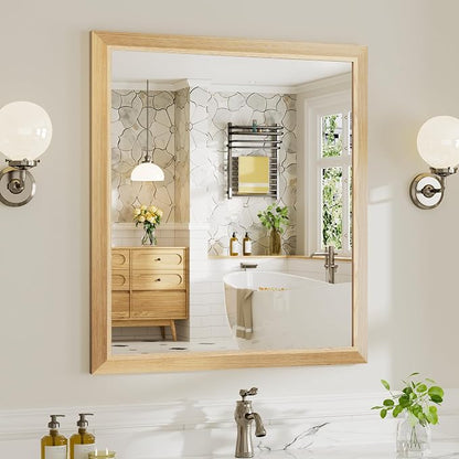 36x32 Inch Bathroom Mirror for Wall, Anti-Rust Oak Wood Grain Metal Framed by Briivuemodernmirrors