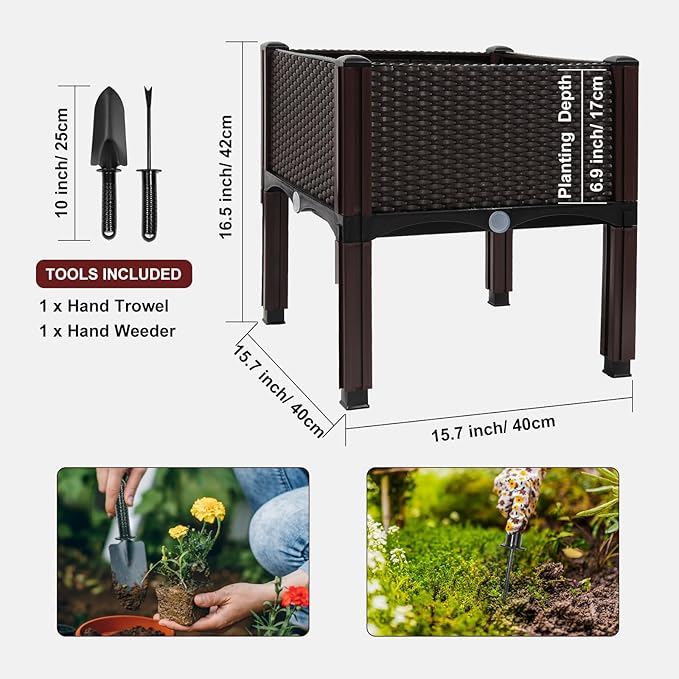 MAYOLIAH Raised Garden Bed with Drainage Elevated Planter Box Plastic Raised Beds for Gardening Vegetables Herb Flowers, Perfect for Indoor Outdoor Planting, 2 Boxes Brown