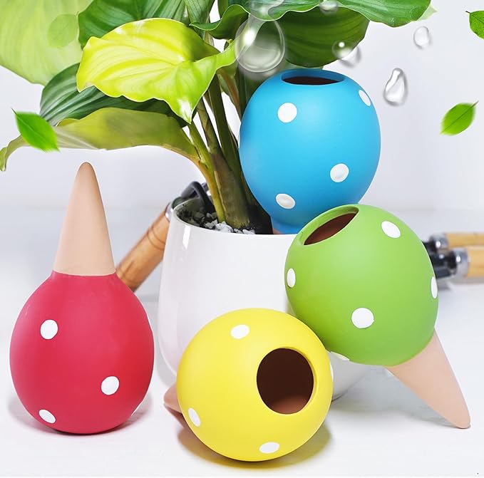 Terracotta Self Watering Spikes, 4 Pack Watering Globes for Indoor Outdoor Plants, Slow Release Plant Self Watering Planter Insert Devices for Travel, Vacation, Garden Care, Cute Small Ball Shape