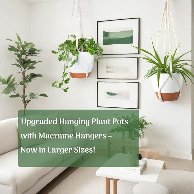 Set of 3 Hanging Planters for Indoor Plants with 10"/8"/7" Self-Watering Hanging Pots, Hanging Plant Pots with Drainage, 3 Different Size Macrame Plant Hangers with Hooks White Large