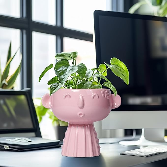 Face Pots for Plants - 7 Inch Ceramic Face Planters Pots Head for Indoor Outdoor, Small Funny Succulent Planters with Drainage Hole, House Room Apartment Decor, Gifts for Women, Bright Pink