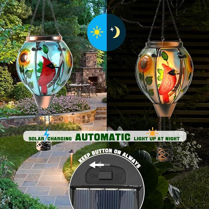 Hot Air Balloon Solar Lantern - Cardinal Bird Glass Lantern with Simulated Flickering Flame, Outdoor Hanging Yard Light Waterproof IP65 & Weather Resistant for Garden Patio Lawn Porch Decor Gfit