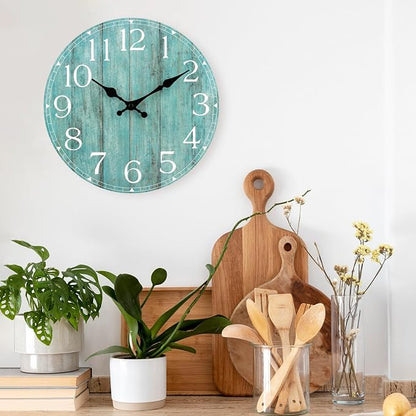 Wall Clock, Teal Silent Non-Ticking Battery Operated, Kitchen Rustic Vintage - Image 6