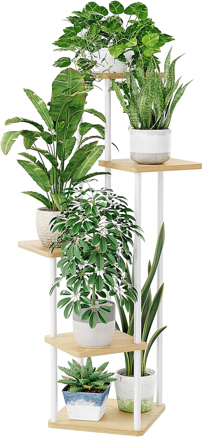 Bamworld Corner Plant Stand Indoor, Tall Metal Plant Shelf for Multiple Plants, 5 Tier Flower Stand for Patio Garden Balcony Living Room Bedroom(White)
