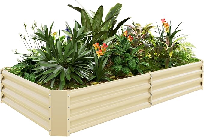 Land Guard 6×3×1ft Galvanized Metal Raised Garden Bed, Metal Planter Kit Box Outdoor for Deep-Rooted Vegetables, Flowers, Green and Herbs (Cream Yellow)…
