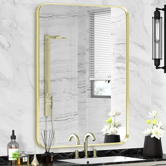 Wall Mount Mirror for Bathroom, Brushed Gold Metal Framed Rounded Corner by Minuover