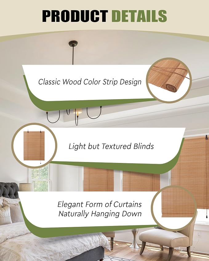 FoundGo Retro Bamboo Blinds 35" W x 64" H Bamboo Roman Shades Light Filtering - Image 6