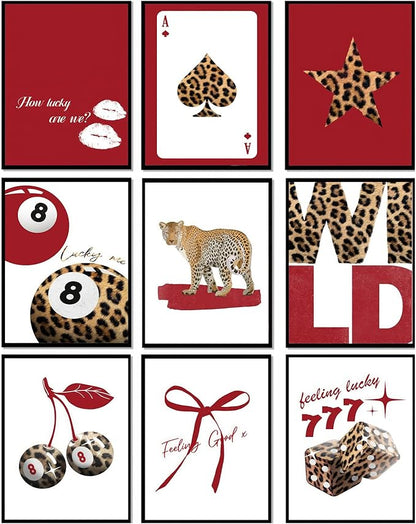 LOARTVE 9Pcs Trendy Red Leopard Wall Art Prints Funky Lucky 8 Ball Posters by LOARTVEART