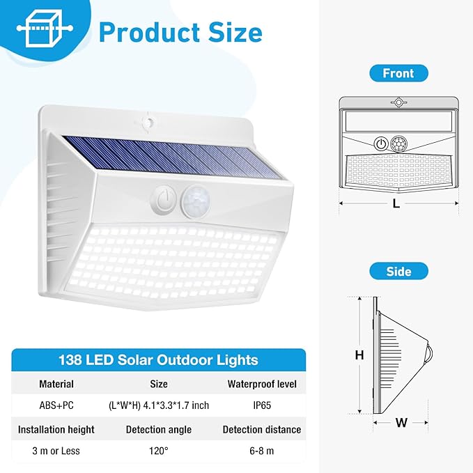 [2 Packs] Solar Lights Outdoor Motion Sensor, Solar Security Lights with 3 Lighting Modes Solar Wall Lights Waterproof Solar Powered Lights for Garden Fence Yard Deck, White