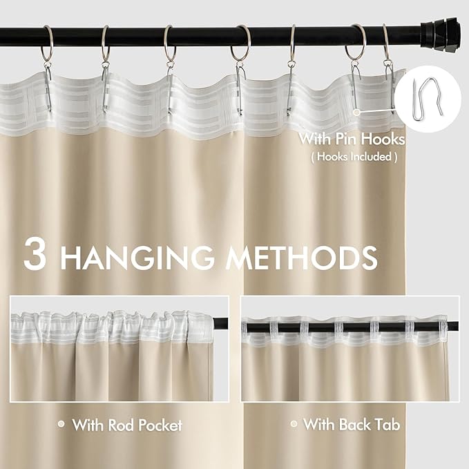 MIULEE Cream Beige Back Tab Light Blocking Curtains 96 Inch Length 2 Panels Set - Image 3