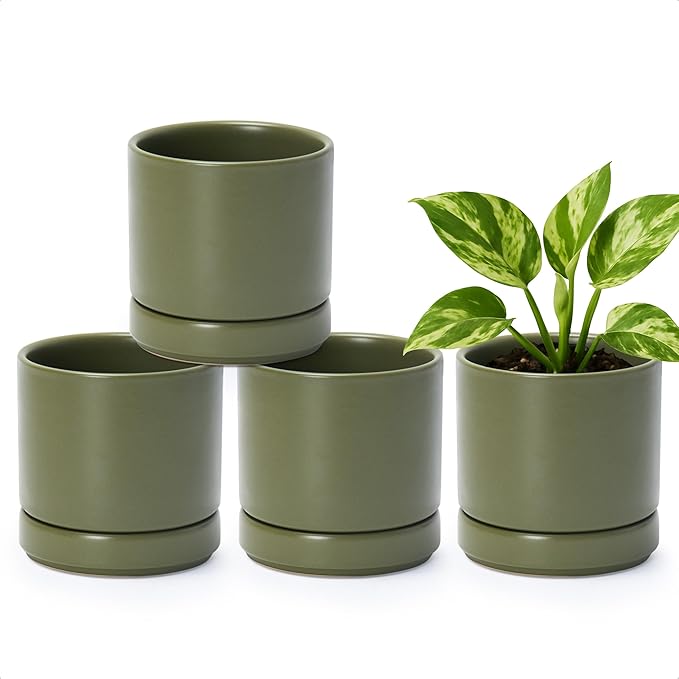 D'vine Dev Set of 4 Small Ceramic Plant Pots, 4.6 Inch Succulent Planter Pot for Plants with Drainage Hole and Saucer, Olive, 94-X-B-0
