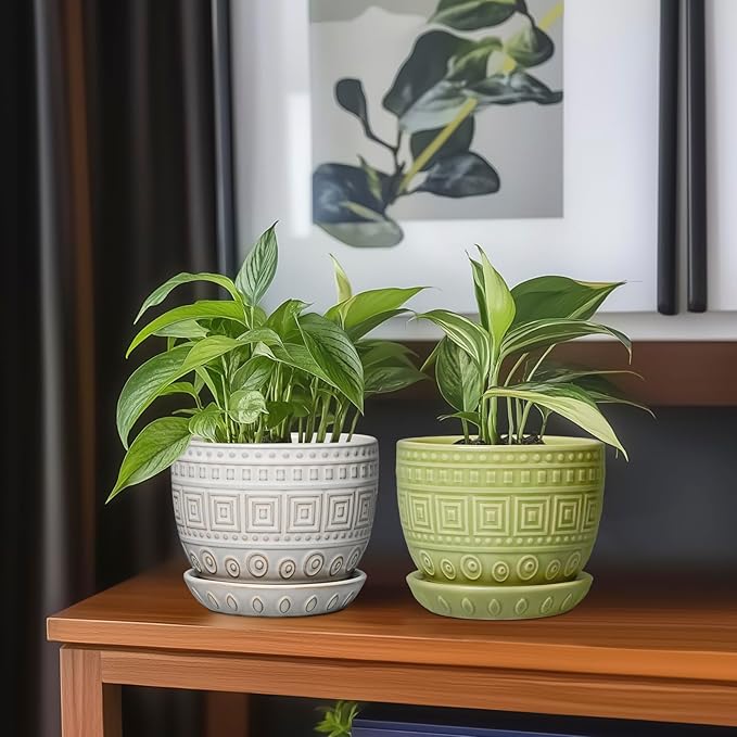 G EPGardening Ceramic Pots for Plants - 5.5 Inch Round Ceramic Planter for Indoor, Boho Succulent Pot with Drainage Hole and Plant Saucer, Gift for Plant Lover, Garden Home Desk Decor, Green