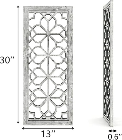 Set of 2 13x30 Inch Large Grey Shatterproof Carved Floral Wood Frame Wall - Image 2
