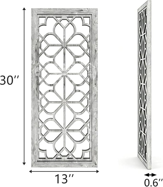 Set of 2 13x30 Inch Large Grey Shatterproof Carved Floral Wood Frame Wall - Image 2