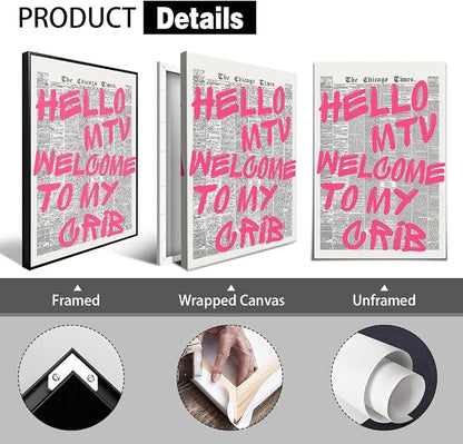 Pink Hello MTV Welcome To My Crib Quote Poster, Vintage Black White Newspaper - Image 2
