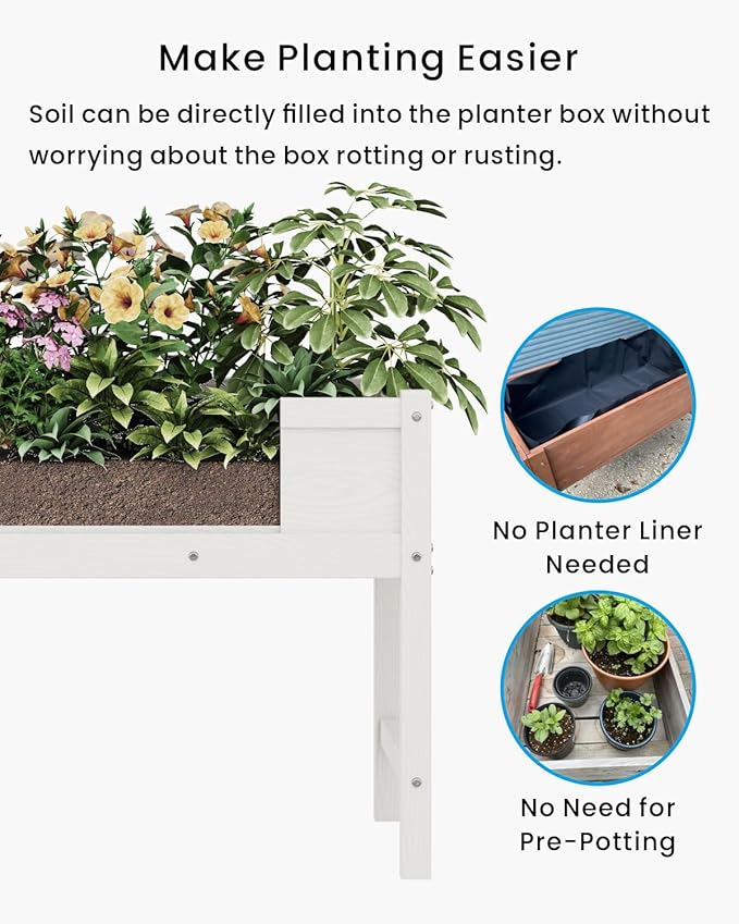 HDPE Raised Garden Bed with Legs, Outdoor Weather-Resistant Elevated Planter Box Stand for Seeds, Herbs, Flowers, Vegetables (White)