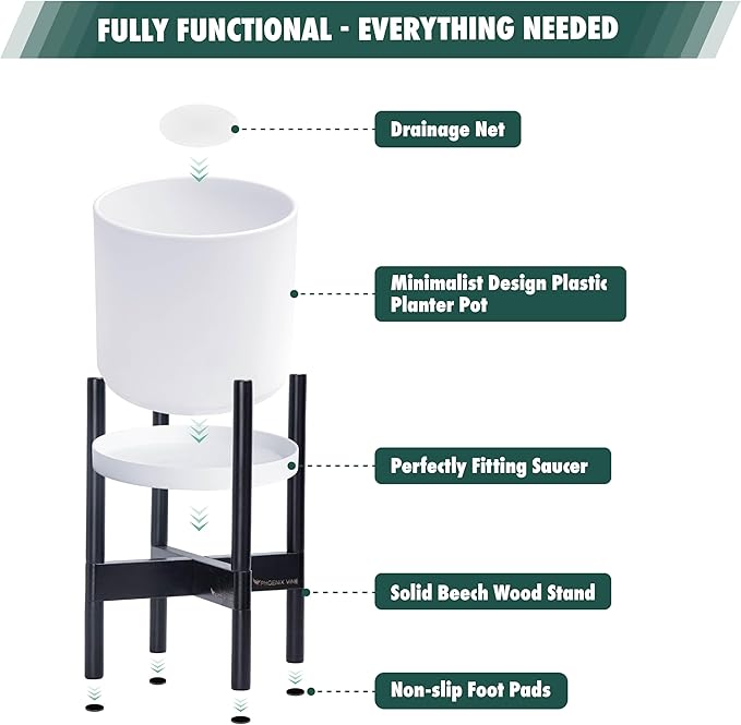 D'vine Dev Planter Pot with Stand - 10 Inch Plastic Cylinder Flower Pot with Wood Planter Holder for Indoor, Matte White Pot + Ebony Stand, 55-C-N-1