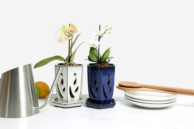 rePotme 4 x 6 inch Hexagon Ceramic Orchid Pot with Holes (Midnight Blue) - Ideal Plant Pot for Repotting Orchids and Other Flowers - Indoor/Outdoor