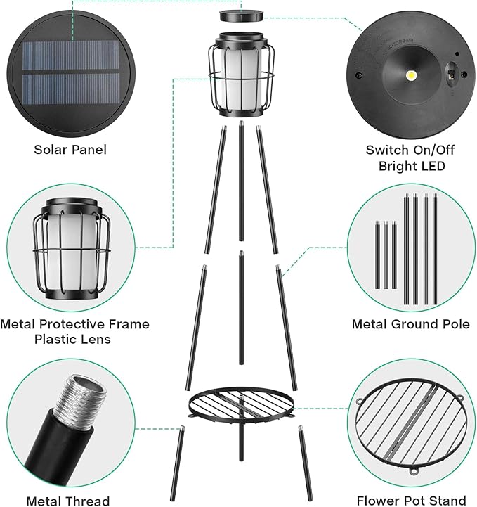 2 Pack Solar Lights Outdoor with Plant Stands - Solar Floor Lamp & Street Lights with Metal Tripod - Patio Decor for Garden, Yard, Pathway, Driveway, Porch