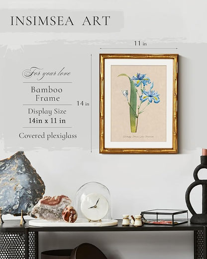 InSimSea Gold Bamboo Framed Canvas Wall Art, Retro Blue Iris Botanical Prints - Image 3