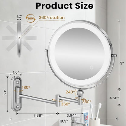 9" Wall Mounted LED Lighted Makeup Vanity Mirror - 4000mAh Rechargeable Double - Image 2