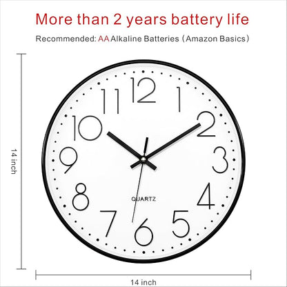 Foxtop 14 Inch Black Wall Clock Large Silent Non-Ticking Battery Operated Round - Image 2