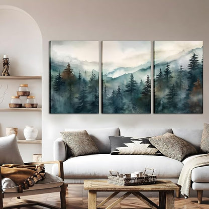 AKWISH Framed Green Forest Canvas Wall Art Set of 3, Boho Misty Watercolor Pine - Image 9