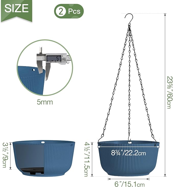 T4U 8 Inch Hanging Planters for Indoor Outdoor Plants, Self Watering Hanging Pot Pack of 2, Hanging Pots with Drainage Hole & Plug & Chain with 3 Hooks for Garden Home Decor, Blue