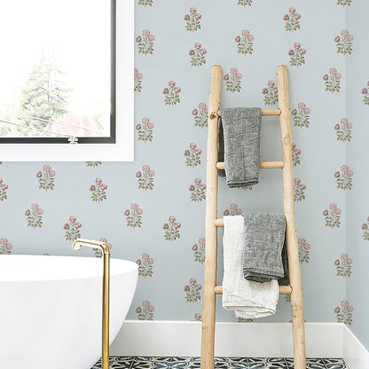 17.3" x 78.7" Vintage Blue Floral Wallpaper Peel and Stick Boho Wallpaper - Image 9