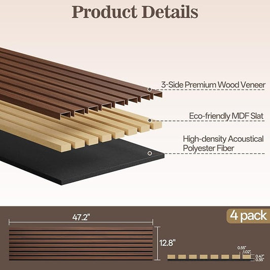 4 Pack Wood Panels for Wall, 47.24" x 12.79" Acoustic Wood Slat Wall Panel for - Image 2