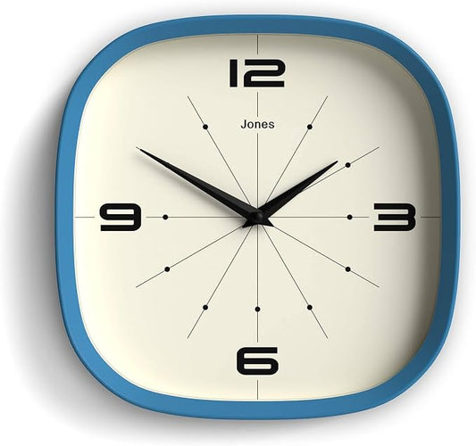 JONES CLOCKS® Pulsar wall Clock | Square Rounded Retro Clock | 10 inch | Blue | by JONESCLOCKS