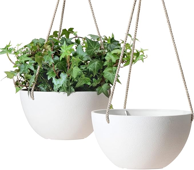 La Jolie Muse White Hanging Planter Basket - 8 Inch Indoor Outdoor Flower Pots, Plant Containers W/ Drainage Hole, Plant Pot for Hanging Plants, Pack 2