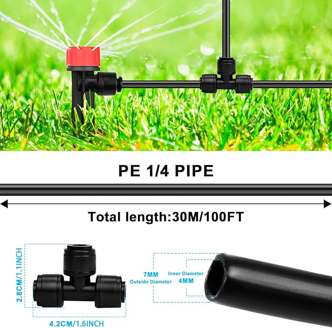 100FT PE Drip Irrigation Tubing, 1/4 inch Blank Distribution Tubing with 10PCS 1/4" Drip Irrigation Tee Connectors for Quick Connector Irrigation System
