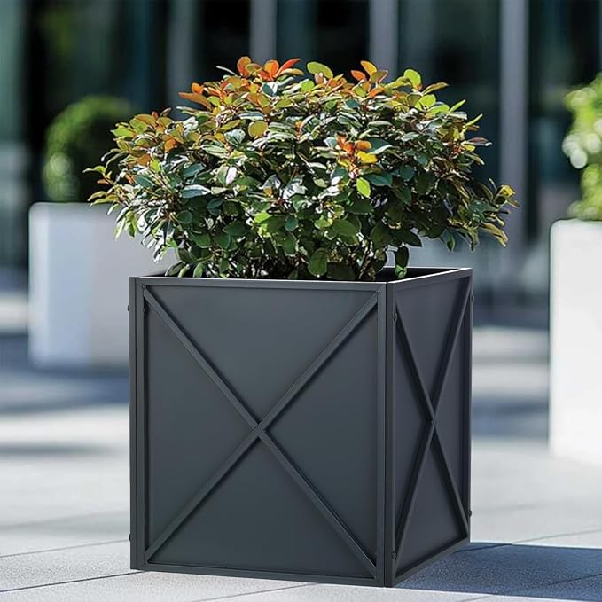BAYN Metal Square Planter Box Tall Planters for Outdoor Plants Modern Heavy Duty with Drainage Holes for Outside Indoor Patio Deck - Grey, 17”x 17”x 18”
