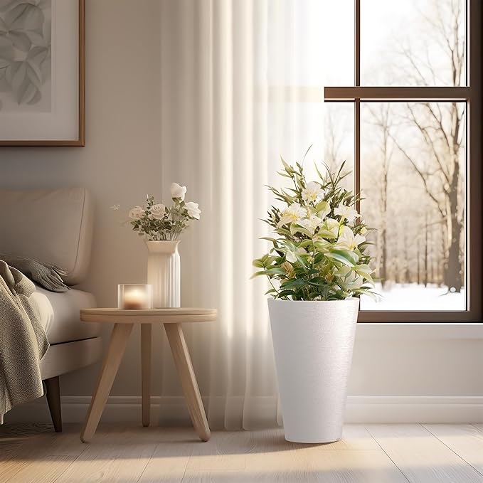 Kante Tall Round Planter Set of 2, 15 Inch Tall Decorative Planter Pots for Outdoor Indoor Garden Patio Front Porch (White)