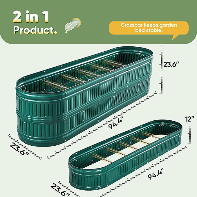 KING BIRD Raised Garden Bed Kit 2025 Upgraded Modular DIY Galvanized Planter Garden Box Outdoor for Gardening, Vegetables, Flowers, Elegant Roman Column Design, 94x24x24 in, Dark Green