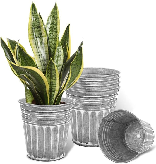 vensovo 7 Inches Silver Metal Rustic Flower Pots - 6 Pcs Medium Galvanized Planters with Drainage Hole and Rubber Plug, Rustproof Tin Bucket Plant Pot Farmhouse Vintage Style for Decor