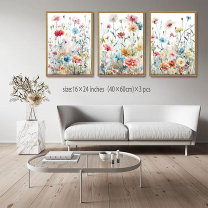 KISSFOX Framed Colorful Wildflower Canvas Wall Art Set Of 3 Flowers Pictures - Image 3