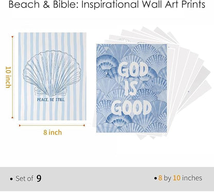 9 Pcs Coastal Christian Wall Art Blue Seashell Posters Inspirational Bible - Image 2