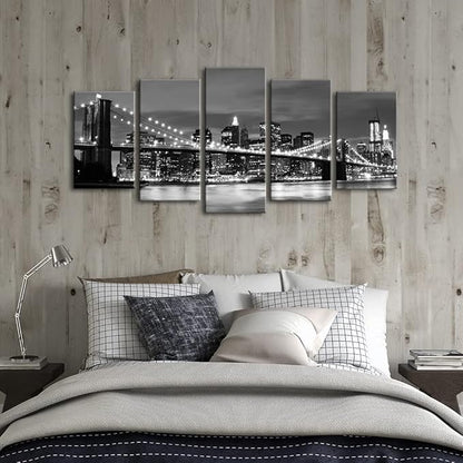 Wieco Art New York Brooklyn Bridge Canvas Wall Art Night View 5 Panels Modern - Image 2