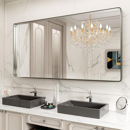 LOAAO 72X36 Inch Brushed Nickel Bathroom Mirror, Rounded Rectangle Silver Metal by LOAAO