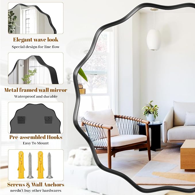 Round Wavy Mirror, 24 Inch Metal Frame Circle Mirror, Round Wall Mounted - Image 4