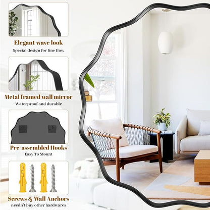 Wavy Round Mirror, 42 Inch Large Metal Frame Circle Mirror, Wall Mounted - Image 4