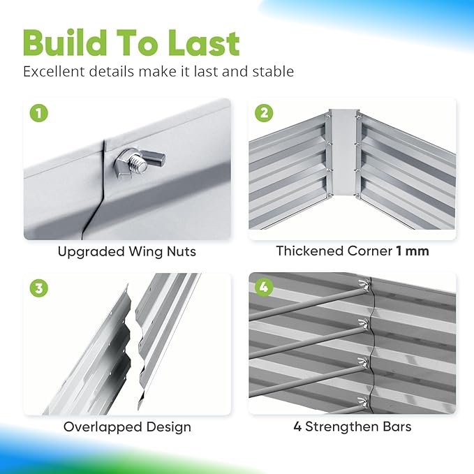 Quictent Galvanized Raised Garden Bed 8x4x1 Ft Metal Planter Box for Vegetables Outdoor, Bottomless for Backyard, 2 Tomato Cages Included (Silver)