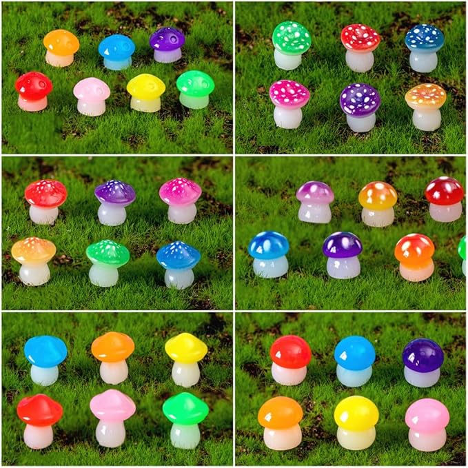 150 Pcs 18 Styles Mini Resin Luminous Mushrooms, Glow in The Dark Little Resin Mushroom for Garden Landscape Bonsai Craft Ornament