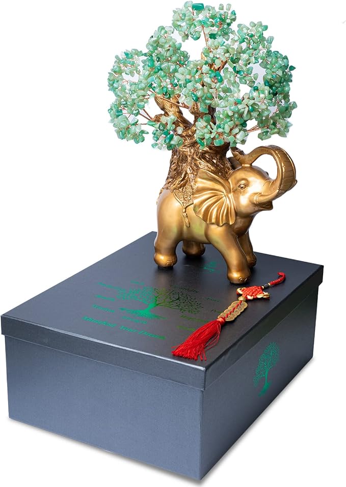Green Aventurine Crystal Money Tree on Gold Elephant Statue, 17”Large Gemstone Bonsai Tree of Life Home Décor Gifts for Wealth Positive Energy, Feng Shui Décor