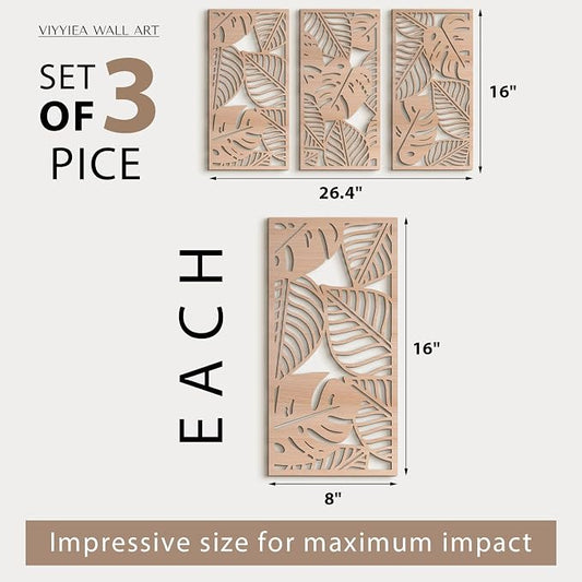 VIYYIEA Boho Solid Wood Carved Wall Art Set of 3, Geometric Minimalist Wooden - Image 2