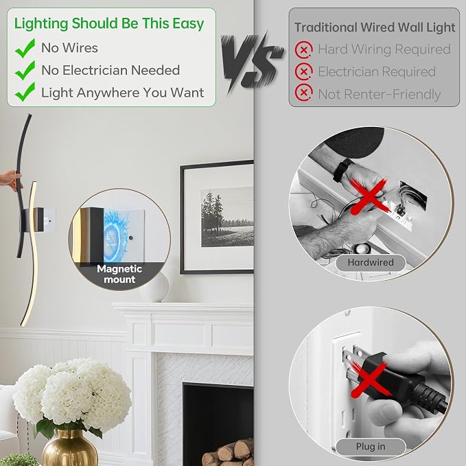 Battery Operated Wall Sconces Set of 2, Dimmable Modern LED Rechargeable Wall - Image 3