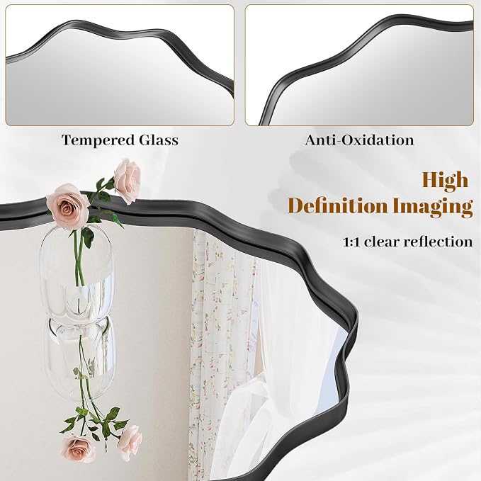 Wavy Round Mirror, 42 Inch Large Metal Frame Circle Mirror, Wall Mounted - Image 3